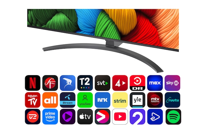 Vy framifrån och från sidan av LG NanoCell NANO80 AI 4K Smart TV som visar dess längd, bredd, höjd och djupdimensioner.