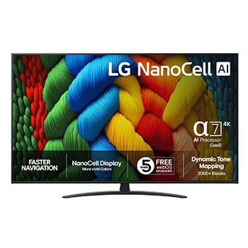 Vy framifrån av NanoCell TV, LG NanoCell Al-logotyp i det övre hörnet. LG NanoCell NANO80 TV visar färgglada målarfärgtexturer som möts.