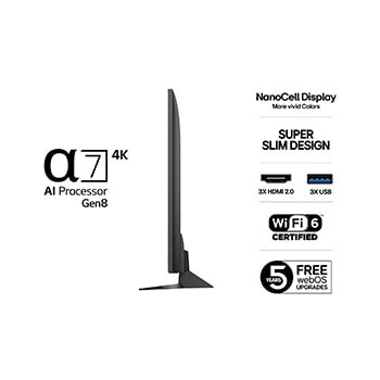 Vy från vänster av LG NanoCell NANO80 TV.