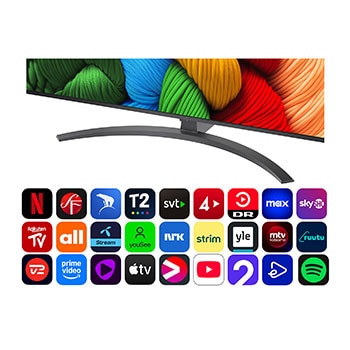 Vy framifrån och från sidan av LG NanoCell NANO80 AI 4K Smart TV som visar dess längd, bredd, höjd och djupdimensioner.