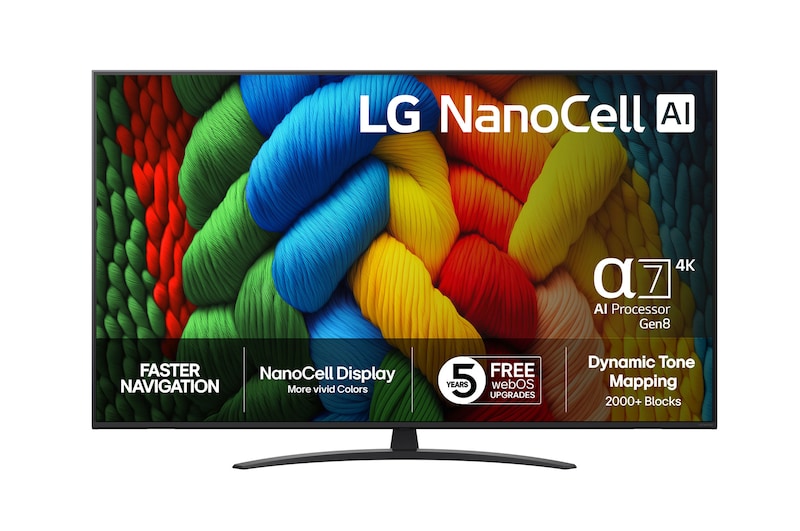 Vy framifrån av NanoCell TV, LG NanoCell Al-logotyp i det övre hörnet. LG NanoCell NANO80 TV visar färgglada målarfärgtexturer som möts.