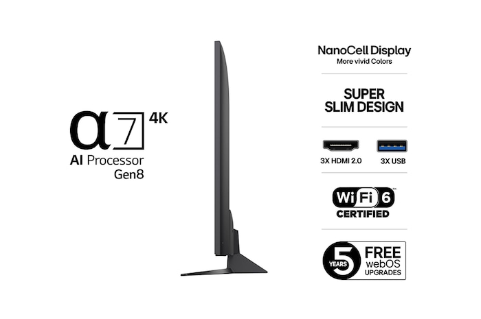 Vy från vänster av LG NanoCell NANO80 TV.