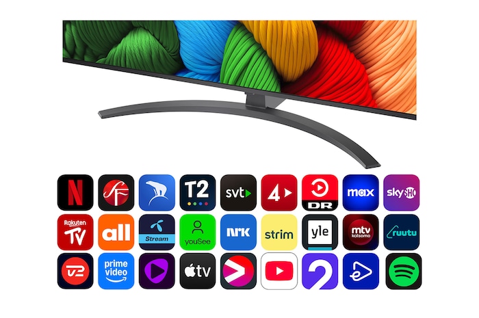 Vy framifrån och från sidan av LG NanoCell NANO80 AI 4K Smart TV som visar dess längd, bredd, höjd och djupdimensioner.