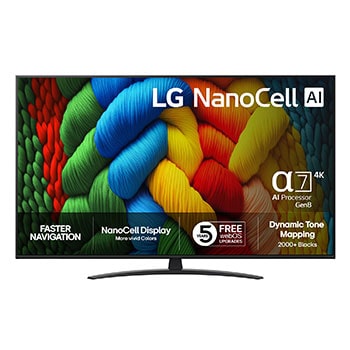 Vy framifrån av NanoCell TV, LG NanoCell Al-logotyp i det övre hörnet. LG NanoCell NANO80 TV visar färgglada målarfärgtexturer som möts.
