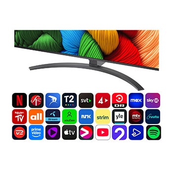 Vy framifrån och från sidan av LG NanoCell NANO80 AI 4K Smart TV som visar dess längd, bredd, höjd och djupdimensioner.