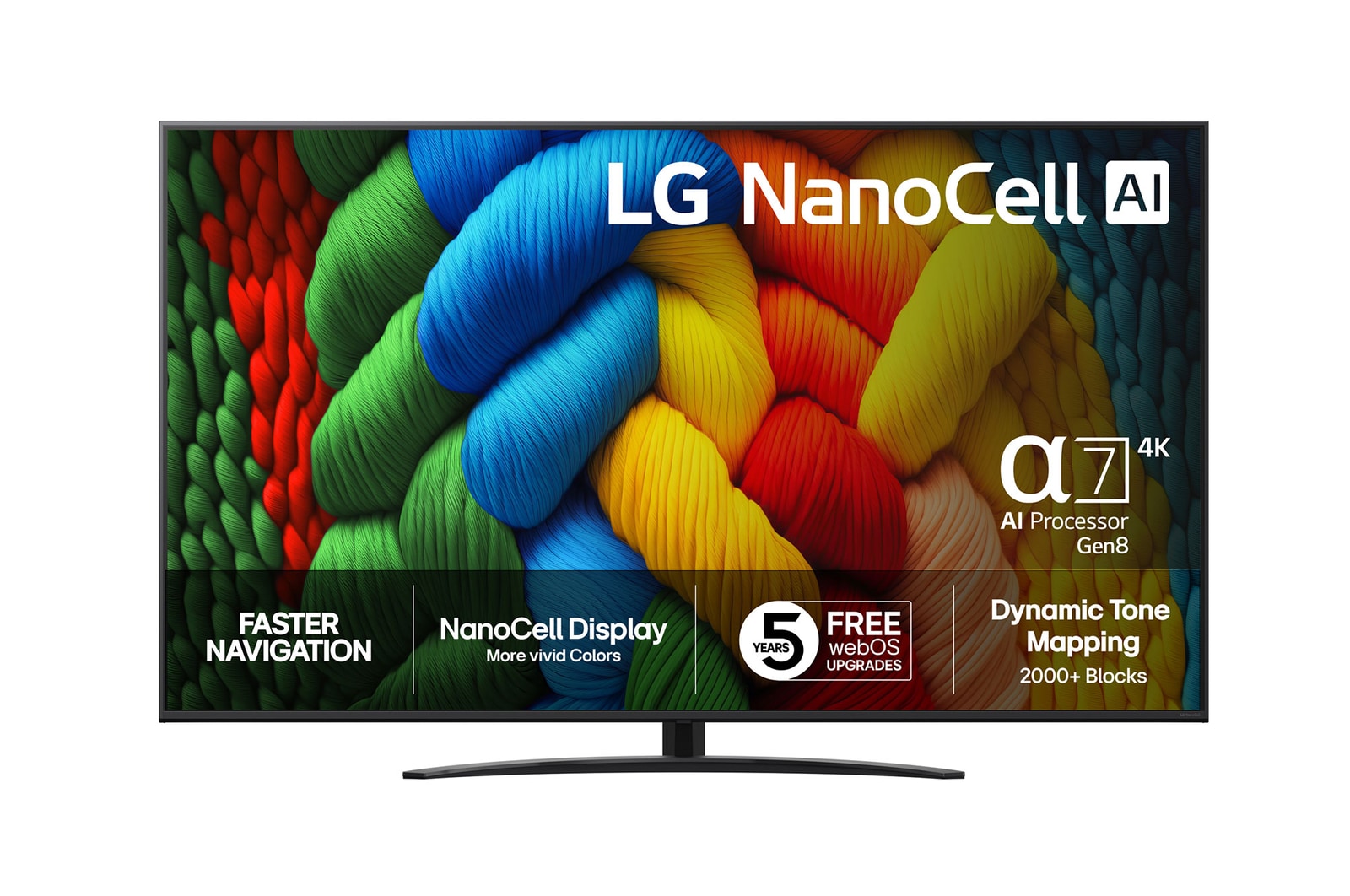 Utsikt framifrån LG NanoCell NANO80 TV.
