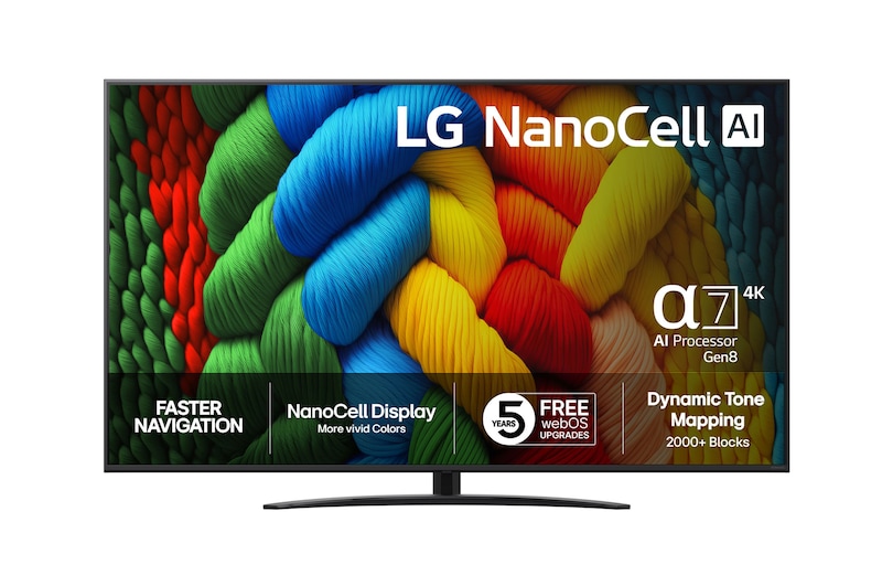 Utsikt framifrån LG NanoCell NANO80 TV.