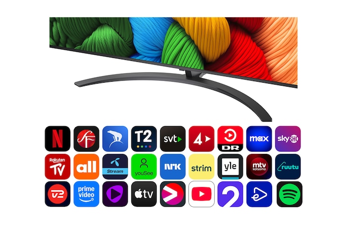 Vy framifrån och från sidan av LG NanoCell NANO80 AI 4K Smart TV som visar dess längd, bredd, höjd och djupdimensioner.