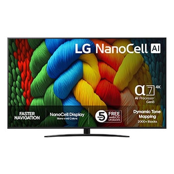 Utsikt framifrån LG NanoCell NANO80 TV.