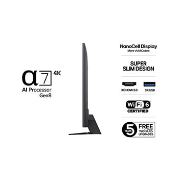 Vy från vänster av LG NanoCell NANO80 TV.