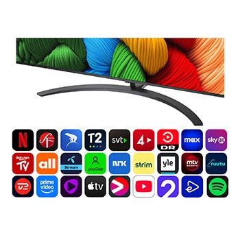 Vy framifrån och från sidan av LG NanoCell NANO80 AI 4K Smart TV som visar dess längd, bredd, höjd och djupdimensioner.