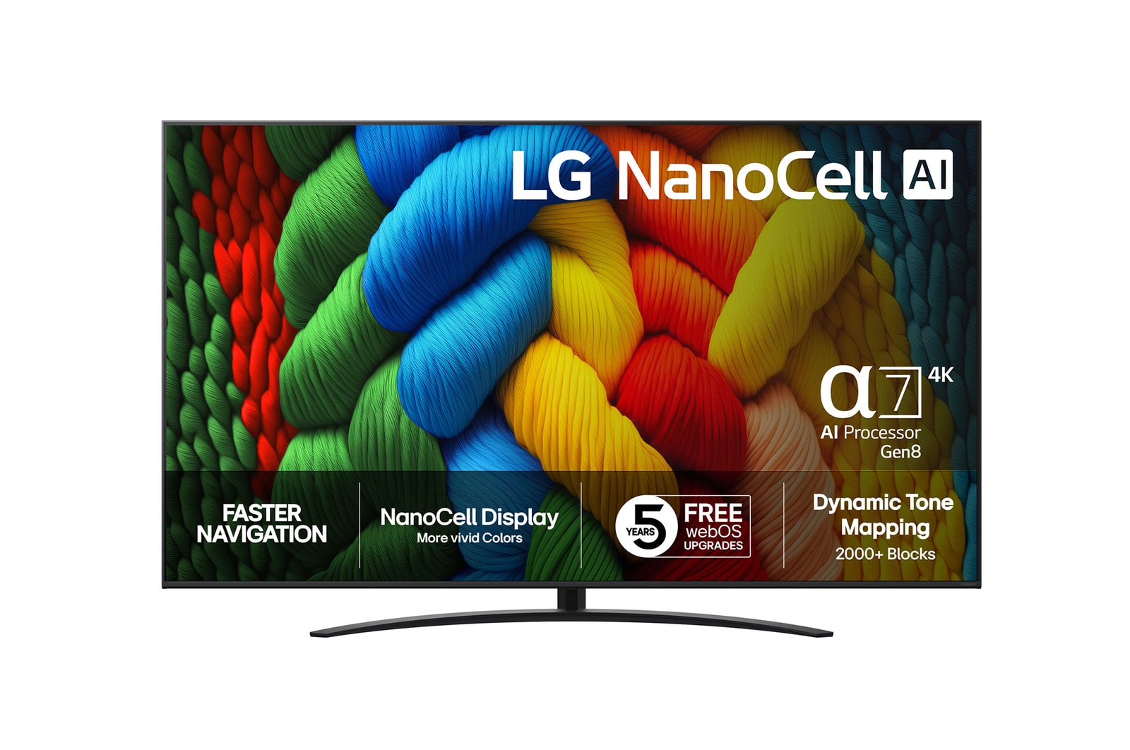 Vy framifrån av NanoCell TV, LG NanoCell Al-logotyp i det övre hörnet. LG NanoCell NANO80 TV visar färgglada målarfärgtexturer som möts.