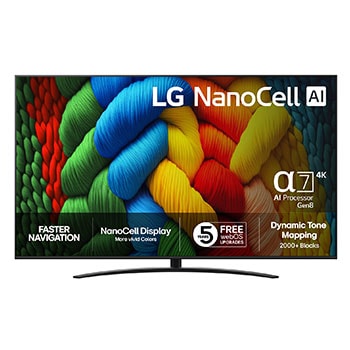 Vy framifrån av NanoCell TV, LG NanoCell Al-logotyp i det övre hörnet. LG NanoCell NANO80 TV visar färgglada målarfärgtexturer som möts.