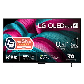 Vy framifrån av LG OLED evo AI C5 4K Smart TV. Emblemet 12 år som världens ledande OLED och logotypen LG OLED evo AI 2025 visas på skärmen.