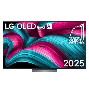 Vy framifrån av LG OLED evo AI C5 4K Smart TV. Emblemet 12 år som världens ledande OLED och logotypen LG OLED evo AI 2025 visas på skärmen.
