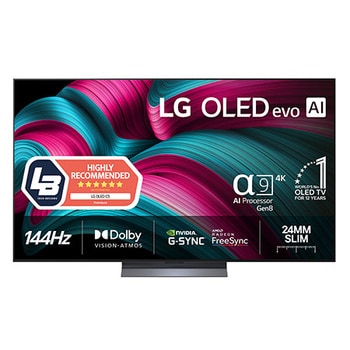 Vy framifrån av LG OLED evo AI C5 4K Smart TV. Emblemet 12 år som världens ledande OLED och logotypen LG OLED evo AI 2025 visas på skärmen.
