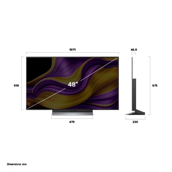 Vy framifrån och från sidan av LG OLED evo AI G5 4K Smart TV som visar dess längd, bredd, höjd och djupdimensioner.