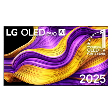 Vy framifrån av LG OLED evo AI G5 4K Smart TV. Emblemet 12 år som världens ledande OLED och logotypen LG OLED evo AI 2025 visas på skärmen.