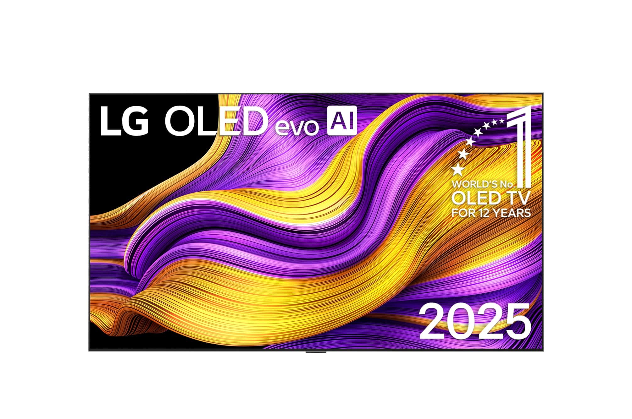 Vy framifrån av LG OLED evo AI G5 4K Smart TV. Emblemet 12 år som världens ledande OLED och logotypen LG OLED evo AI 2025 visas på skärmen.