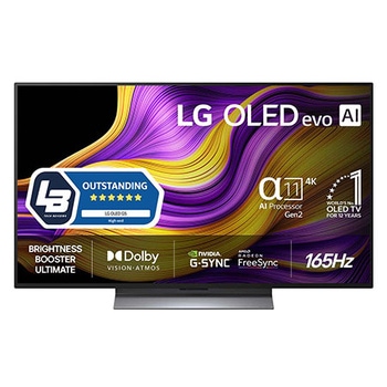 Vy framifrån av LG OLED evo AI G5 4K Smart TV. Emblemet 12 år som världens ledande OLED och logotypen LG OLED evo AI 2025 visas på skärmen.