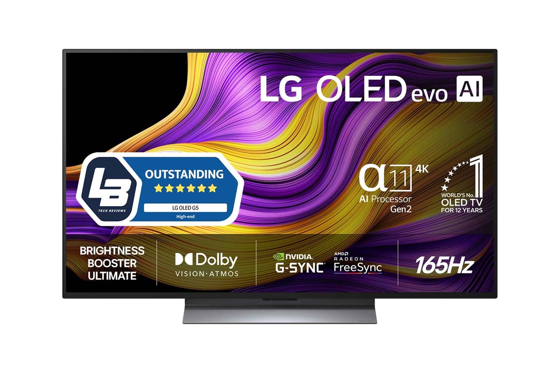 Vy framifrån av LG OLED evo AI G5 4K Smart TV. Emblemet 12 år som världens ledande OLED och logotypen LG OLED evo AI 2025 visas på skärmen.