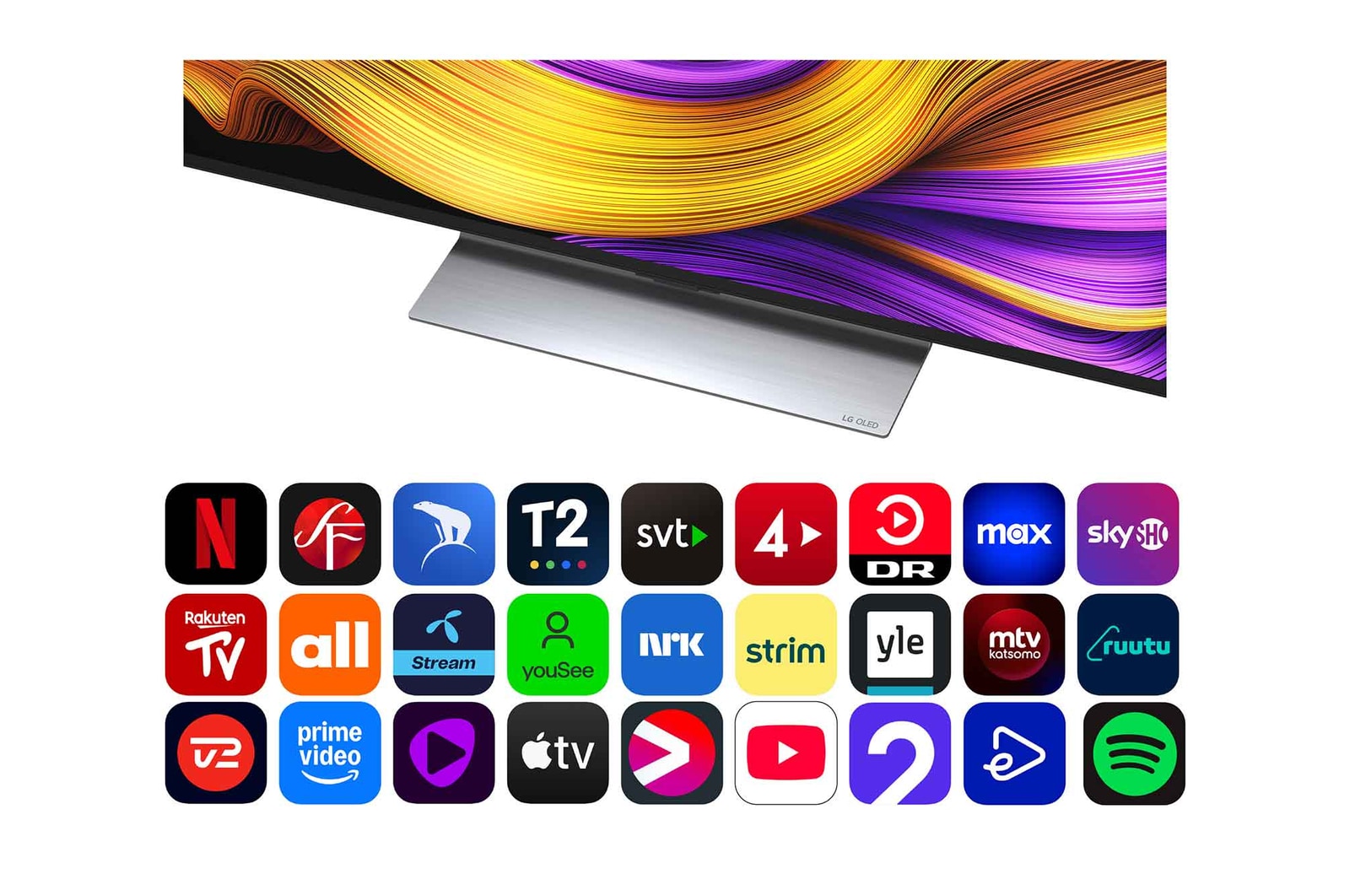 Vy framifrån och från sidan av LG OLED evo AI G5 4K Smart TV som visar dess längd, bredd, höjd och djupdimensioner.