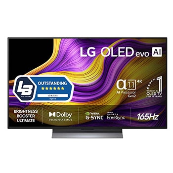 Vy framifrån av LG OLED evo AI G5 4K Smart TV. Emblemet 12 år som världens ledande OLED och logotypen LG OLED evo AI 2025 visas på skärmen.