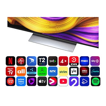 Vy framifrån och från sidan av LG OLED evo AI G5 4K Smart TV som visar dess längd, bredd, höjd och djupdimensioner.