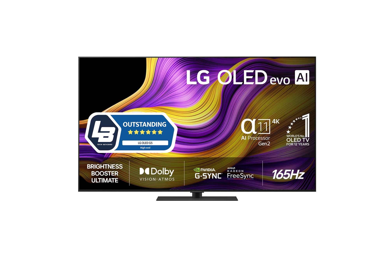 Vy framifrån av LG OLED evo AI G5 4K Smart TV. Emblemet 12 år som världens ledande OLED och logotypen LG OLED evo AI 2025 visas på skärmen.