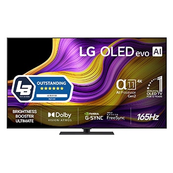 Vy framifrån av LG OLED evo AI G5 4K Smart TV. Emblemet 12 år som världens ledande OLED och logotypen LG OLED evo AI 2025 visas på skärmen.