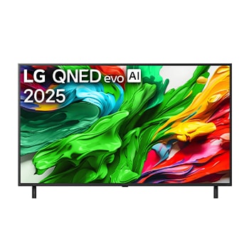 Vy framifrån av LG QNED evo TV, LG QNED evo Al-logotyp i det övre vänstra hörnet på TV:n. LG QNED evo TV visar färgglada målarfärgliknande strukturer som går ihop i rött, gult, grönt, blått och lila.