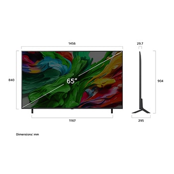 Vy framifrån och från sidan av LG QNED evo AI 4K Smart TV som visar dess längd, bredd, höjd och djupdimensioner.