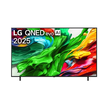 Vy framifrån av LG QNED evo TV, LG QNED evo Al-logotyp i det övre vänstra hörnet på TV:n. LG QNED evo TV visar färgglada målarfärgliknande strukturer som går ihop i rött, gult, grönt, blått och lila.