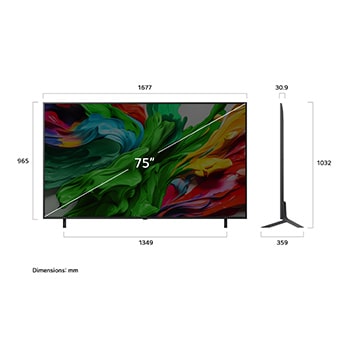Vy framifrån och från sidan av LG QNED evo AI 4K Smart TV som visar dess längd, bredd, höjd och djupdimensioner.