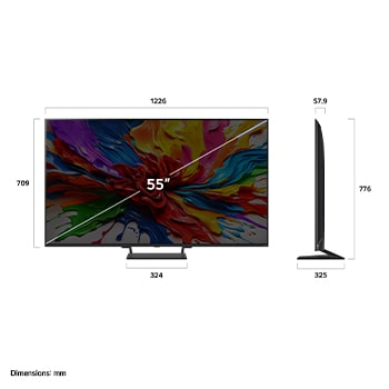 Vy framifrån och från sidan av LG QNED evo AI QNED93 4K Smart TV som visar dess längd, bredd, höjd och djupdimensioner.