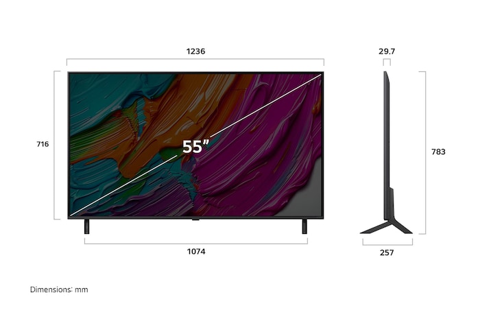 Vy framifrån och från sidan av LG QNED AI QNED80 4K Smart TV som visar dess längd, bredd, höjd och djupdimensioner.