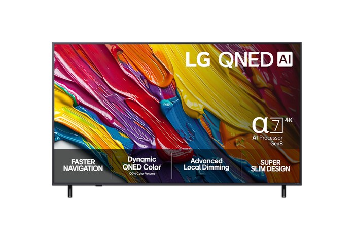 Vy framifrån av LG QNED82 TV, LG QNED Al-logotyp i det övre hörnet. LG QNED TV visar färgglada målarfärgtexturer som möts.