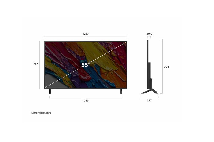 Vy framifrån och från sidan av LG QNED82 AI 4K Smart TV som visar dess längd, bredd, höjd och djupdimensioner.