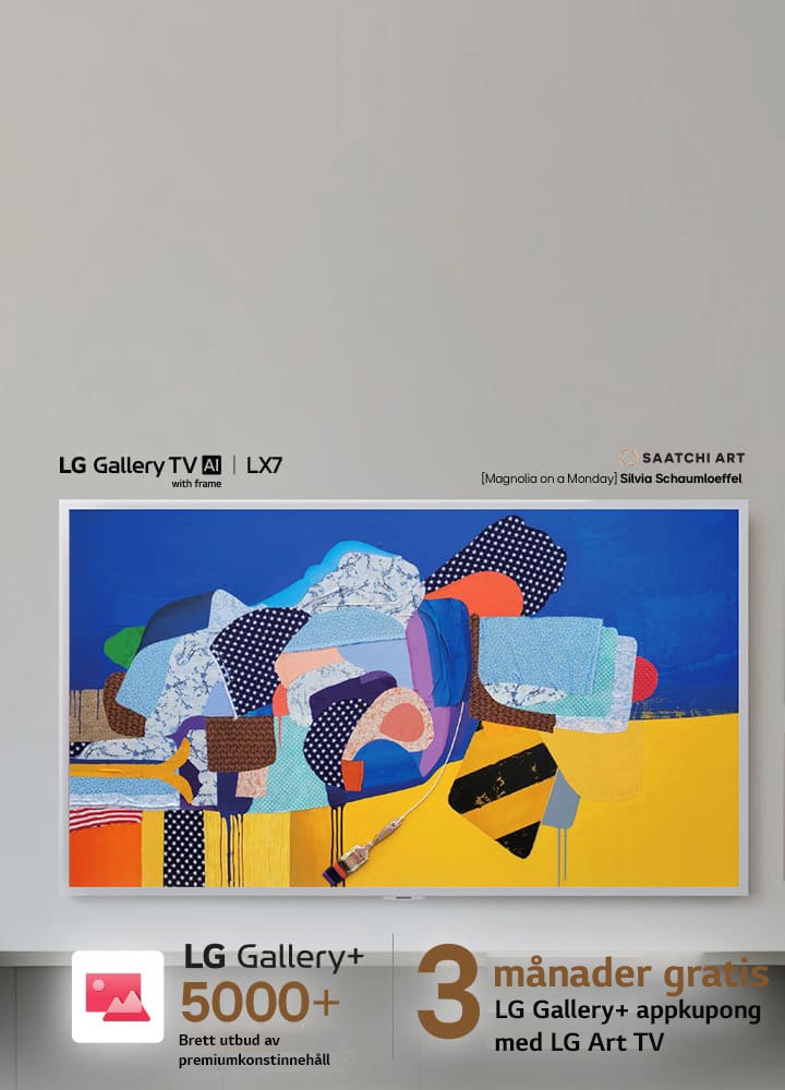 LG Gallery TV AI med ram LX7 ART TV visar färgglad abstrakt konst från LG Gallery+ på skärmen i en galleriliknande interiörmiljö, vilket framhäver att en 3-månaders gratis LG Gallery+-kupong ger tillgång till över 5 000 premiumkonstverk.