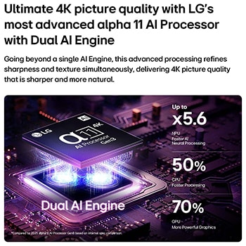 LG OLED evo C6 AI TV:ns alpha 11 AI Processor 4K Gen3 lyser i lila och blått ljus på ett mörkt kretskort och framhäver Dual AI Engine och levererar NPU upp till 5,6x snabbare, CPU 50 % snabbare och GPU 70 % starkare prestanda.