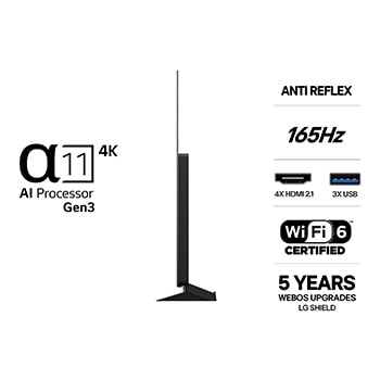 LG OLED evo AI C6 visad framifrån och från sidan framhäver en 83-tums skärm med en 1 842 mm bred skärm, en total höjd på 1 055 mm och ett superslimmat djup på 52,9 mm utan stativ.