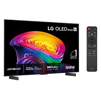 LG OLED evo AI C6 visad framifrån och från sidan framhäver en 42-tums skärm med en 932 mm bred skärm, en total höjd på 540 mm och ett superslimmat djup på 41,1 mm utan stativ.