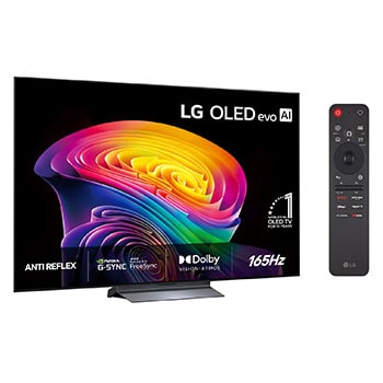LG OLED evo AI C6 visad framifrån och från sidan framhäver en 55-tums skärm med en 1 222 mm bred skärm, en total höjd på 703 mm och ett superslimmat djup på 45,1 mm utan stativ.