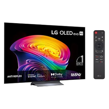 Vy framifrån av LG OLED evo AI C6, som släpptes 2026, visar en bild av skiktade, mångfärgade former, med Hyper Radiant Color Tech, Perfekt svart och Perfekt färg, tillsammans med World’s No.1 OLED TV for 13 Years-märket.