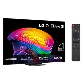 Vy framifrån av LG OLED evo AI C6, som släpptes 2026, visar en bild av skiktade, mångfärgade former, med Hyper Radiant Color Tech, Perfekt svart och Perfekt färg, tillsammans med World’s No.1 OLED TV for 13 Years-märket.