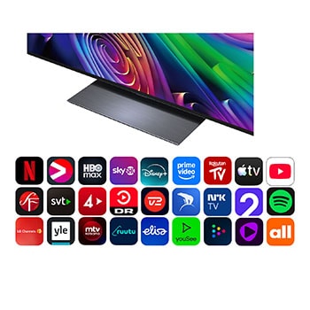 LG OLED evo C6 AI TV:ns alpha 11 AI Processor 4K Gen3 lyser i lila och blått ljus på ett mörkt kretskort och framhäver Dual AI Engine och levererar NPU upp till 5,6x snabbare, CPU 50 % snabbare och GPU 70 % starkare prestanda.