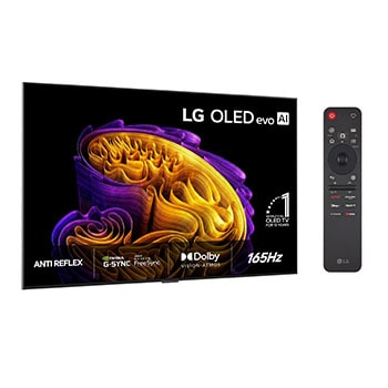 LG OLED evo AI G6 visad framifrån och från sidan framhäver en 97-tums skärm med en 2 155 mm bred skärm, en total höjd på 1 230 mm och ett superslimmat djup på 28,2 mm utan stativ.