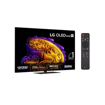 Vy framifrån av LG OLED evo AI G6, som släpptes 2026, visar en bild av skiktade, mångfärgade former, med Hyper Radiant Color Tech, Perfekt svart & Perfekt färg, tillsammans med ”World’s No.1 OLED TV för 13 Years”-märke.