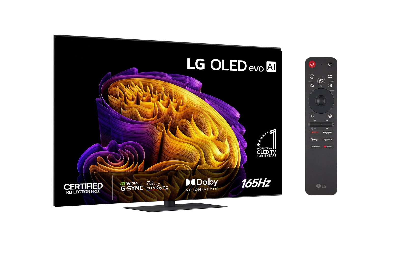 Vy framifrån av LG OLED evo AI G6, som släpptes 2026, visar en bild av skiktade, mångfärgade former, med Hyper Radiant Color Tech, Perfekt svart & Perfekt färg, tillsammans med ”World’s No.1 OLED TV för 13 Years”-märke.