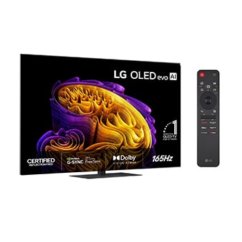 Vy framifrån av LG OLED evo AI G6, som släpptes 2026, visar en bild av skiktade, mångfärgade former, med Hyper Radiant Color Tech, Perfekt svart & Perfekt färg, tillsammans med ”World’s No.1 OLED TV för 13 Years”-märke.